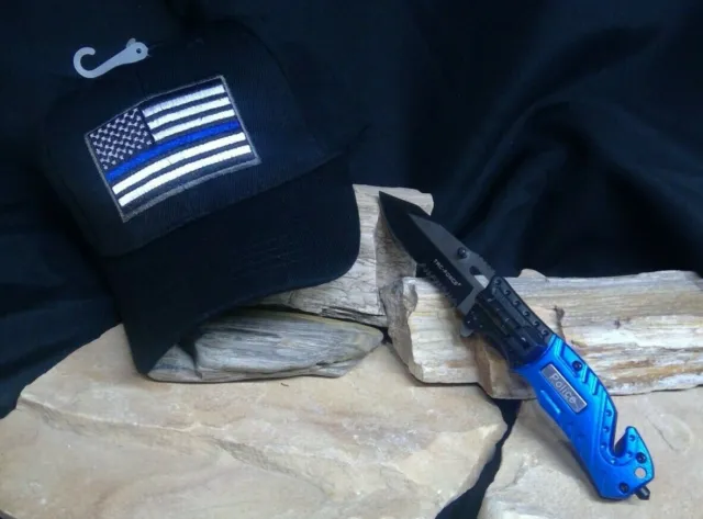 Police Dept Pocket Knife & Hat Set Blue Line US American Flag Support Thank Hero