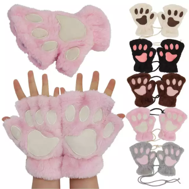 Cat Claw Bear Paw Gloves Women Warm Plush Faux Fur Cosplay Fingerless Mittens