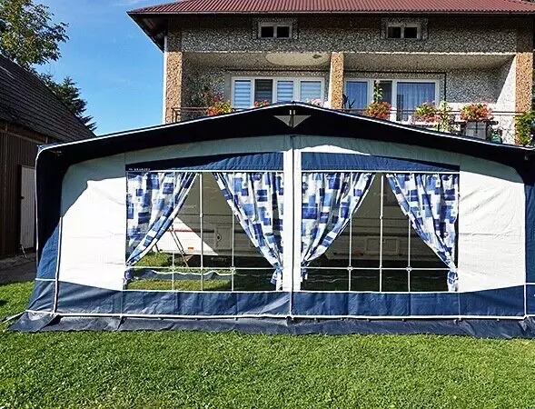 Bradcot Classic Blue Awning Size 10 875-900cm + Alloy Easy Up Poles/Curtains VGC