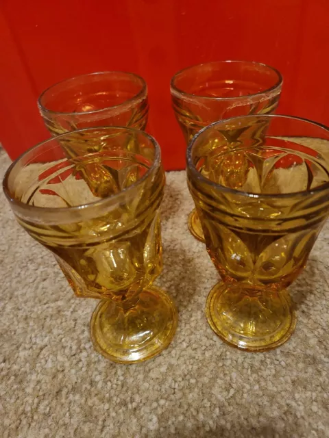 Vtg Indiana Glass Stem Amber Water Juice Goblets Drinking Glasses - Set Of 4