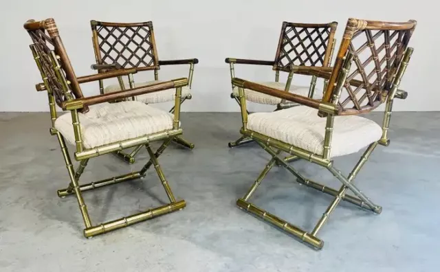 4 Vintage Cleo Baldon Style Daystrom Brass Faux Bamboo Lattice Rattan Armchairs 2