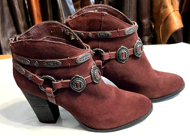 Reba, Zabrina, Lady 6 M,   Burgundy Suede,  Concho Western Ankle Boots, Back Zip