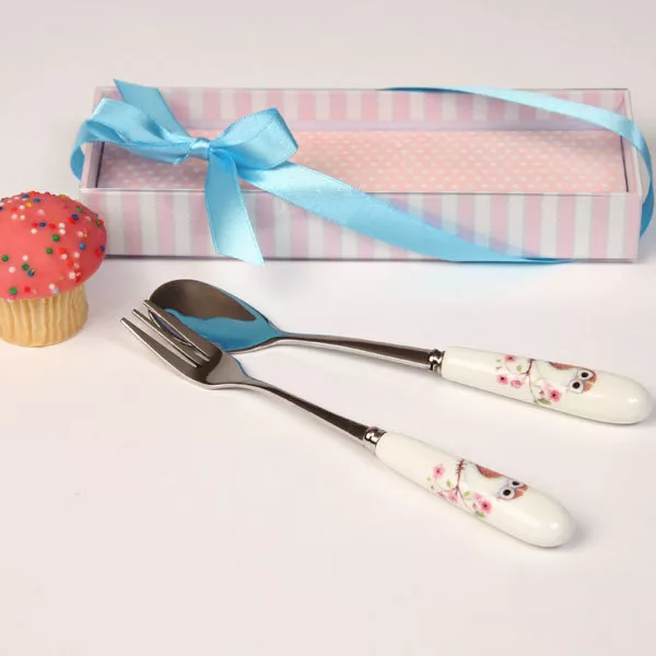 Bone China Rose & Melody Owl Cake Dessert Fork & Spoon Set ~ Gift Boxed