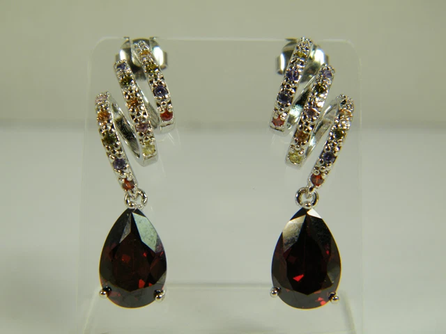 Earrings:  Red Garnet Pear 1-1/2" Multicolor Spiral Zircon Round Wh Gold Filled