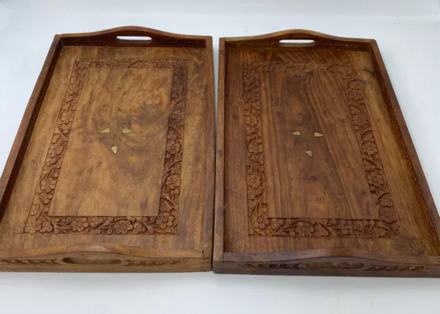 Attractive Pair of  Vintage Indian Hand Carved Wooden Trays with Brass Inlay