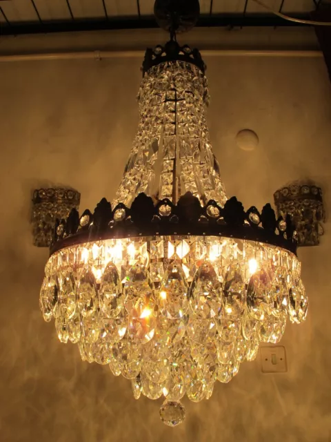 Antique Vintage French  Crystals Chandelier Light,  Ceiling Lamp 1940s