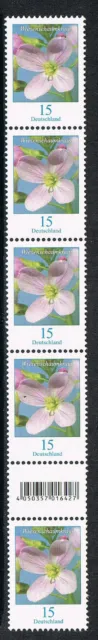 Bund 3424 **, Blumen Wiesenschaumkr, 5er-Streifen mit Nr. dreistellig, Type 2.a.