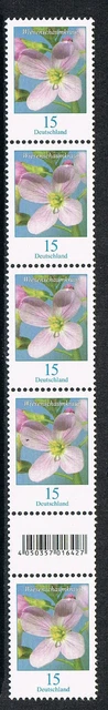 Bund 3424 **, Blumen Wiesenschaumkr, 5er-Streifen mit Nr. dreistellig, Type 2.a.