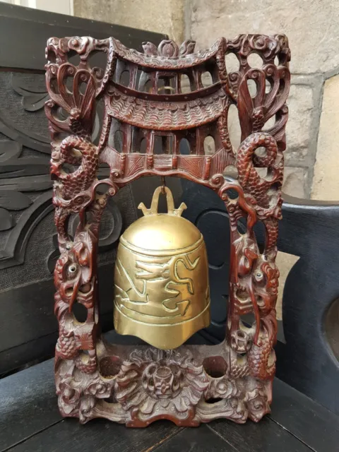 Antique-Japanese Superb Bronze Gong Bell In Dragon Carved Fruitwood Frame-c1890