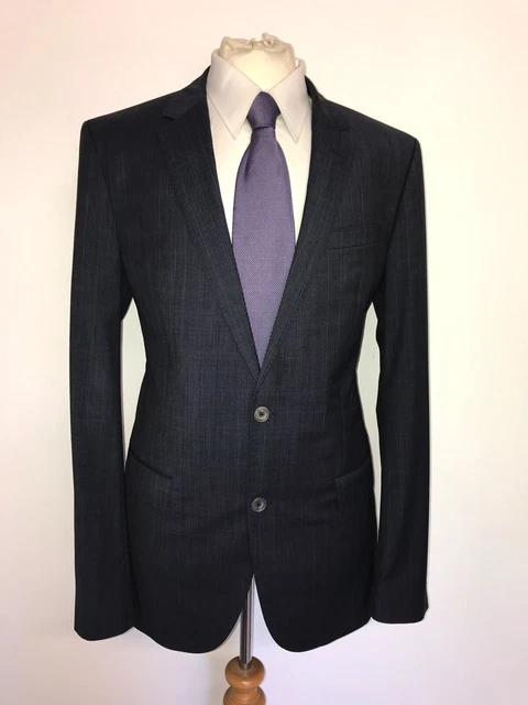 Hugo Boss - Uomo Slim Blu Grigio Quadri Lana Abito - 40 Lungo -W34 L34 -gorgeous
