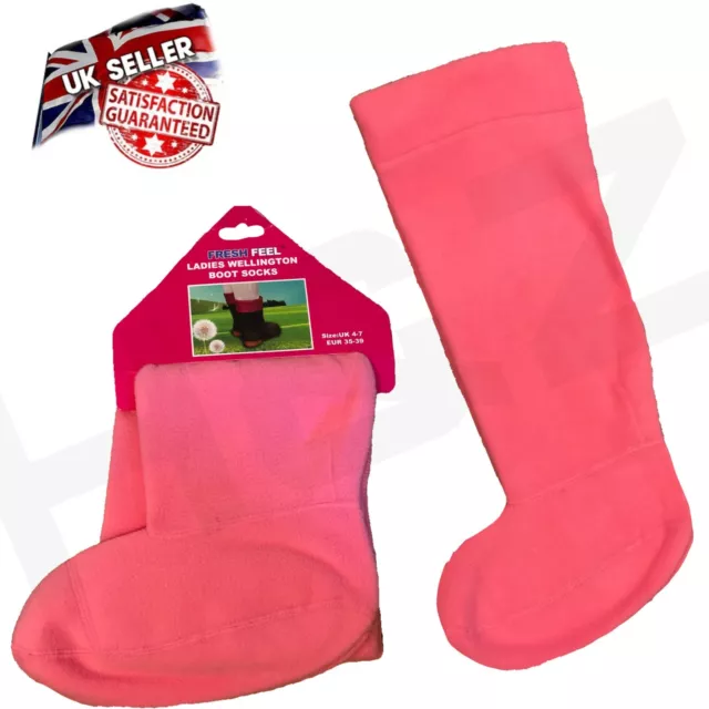 Ladies Plain PINK Wellington Boot Fleece Socks Welly Liners Festival Wellies