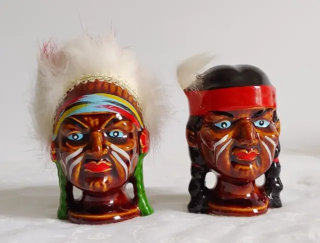 Vintage Ceramic American Indian Heads Salt & Pepper Shakers 3" Tall Japan