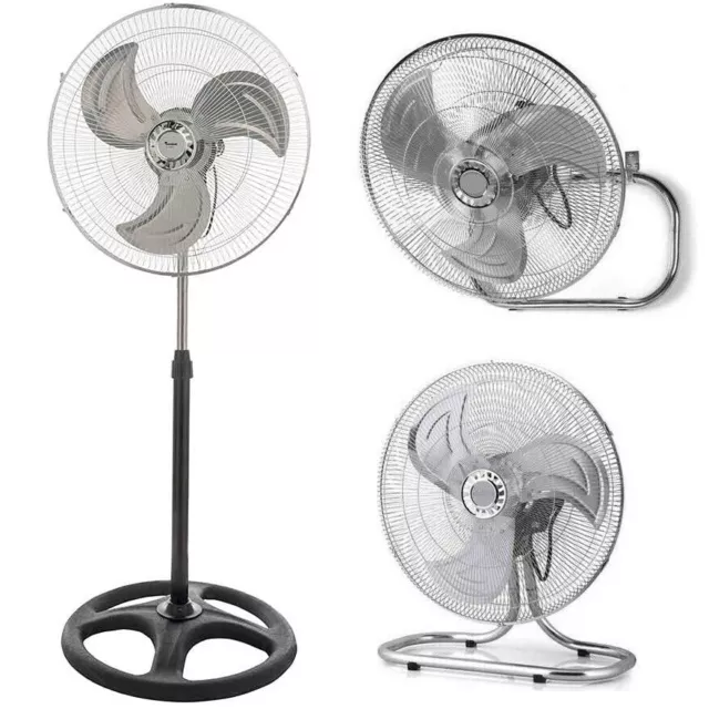 VENTILATORE 3in1 A PIANTANA TAVOLO PARETE ACCIAIO CROMATO BASE TONDA 60W Ø 52CM