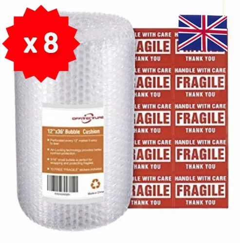 8 x Rolls of Bubble Packaging Wrap 300mm x 88m Total + 80 Fragile Stickers