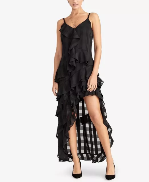 MSRP $159 Rachel Roy Black Evenjng Maxi High Low Dress With Ruffles 14 Plaid B