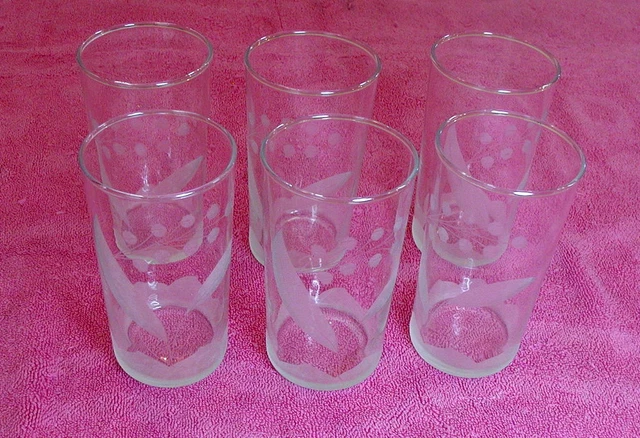 {SET OF 6} Anchor Hocking marked (Acid Etch Floral) 5" TUMBLERS Exc