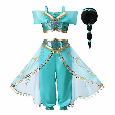 Kids Aladdin Costume Princess Jasmine Outfit Girls Sequin Party Fancy Dress Wig