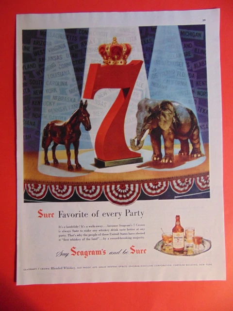 1952 Seagram's 7 Whiskey Political Parties Elephant Donkey photo art print ad