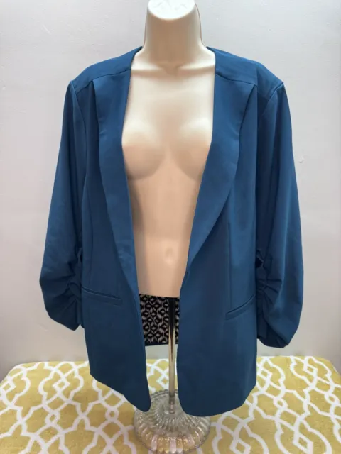 Skies Are Blue Deep Blue Raja Collarless Ruched Open Front Blazer Curvy 2x Plus