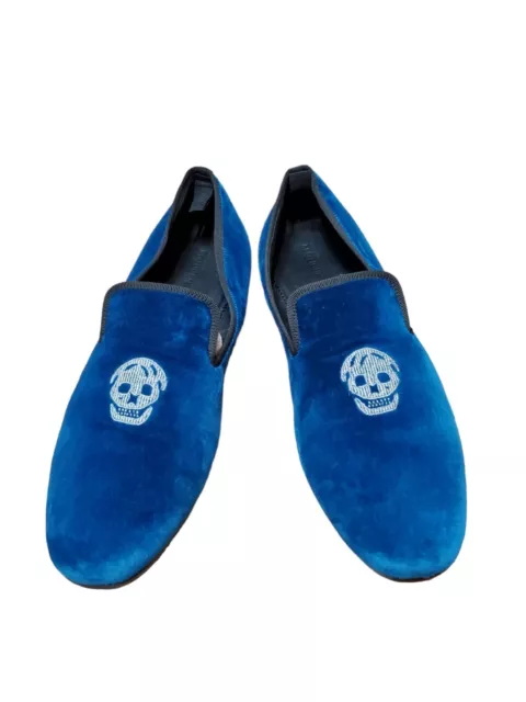 Alexander McQueen Mens Loafers Size 44 US 10 Royal Blue Velvet Embroidered Skull 2