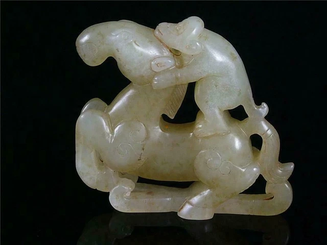 Fine Old Chinese Celadon Jade Carved Statue MONKEY RIDDING HORSE 92g