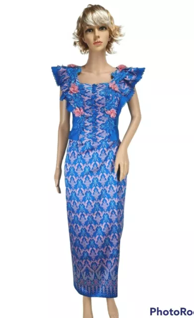 Cambodia Khmer Korean Silk Set Blue Khmer Skirt Women Size M Ruffle Sleeve