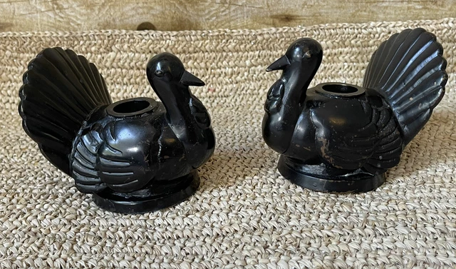 Set of 2 Pottery Barn Black Coated Brass Turkey Taper Candle Holders Weighted