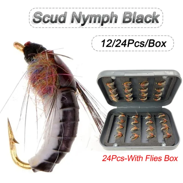 12/24pcs Realistic Scud Nymph Black Fly For Fishing Trout Artificial Insect Bait