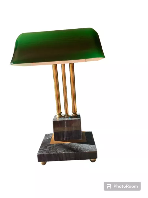 1950 Art Deco Green,Marble And Brass Electric Bankers Lamp