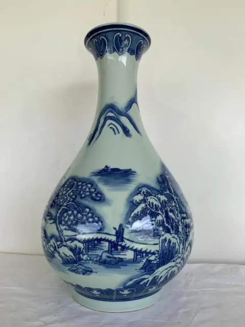 Vintage Vase Signed Chinese Blue & White Porcelain Large Vase Decorative Design