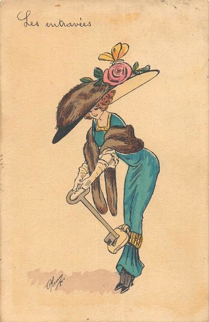 Cpa Illustrateur Art Nouveau Signe Plum Les Entravees Femme