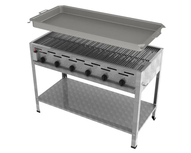 Edelstahl Wurstbräter Gastro Gas Grill Imbiss 6-flammig 22 KW Rost & Pfanne