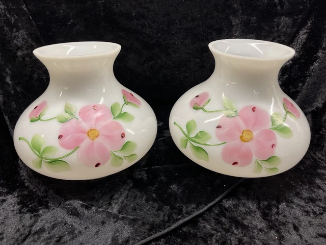 Hand Painted Pink Dogwood Milk Glass Vintage Lamp Shades 2 3/4” Fitter 5 3/4” T