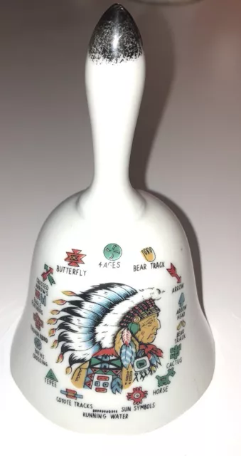 VINTAGE~Running Water~Wisconsin Souvenir~White Porcelain Bell~Indian Chief