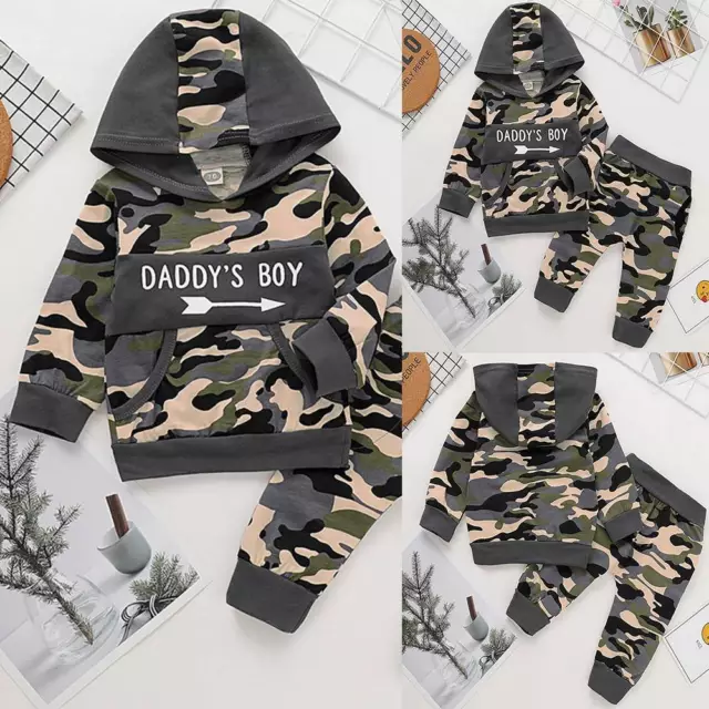 Newborn Baby Boys Camo Hooded Tracksuit Sweatshirt Tops Pants Outfit Set Clothes