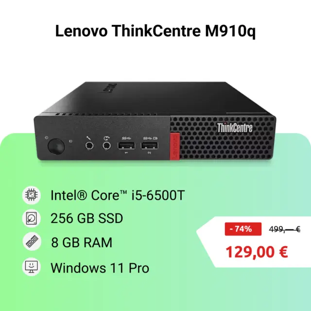 Lenovo ThinkCentre M910q TINY Core i5-6500T QUAD 8GB 256GB SSD Mini PC Win11