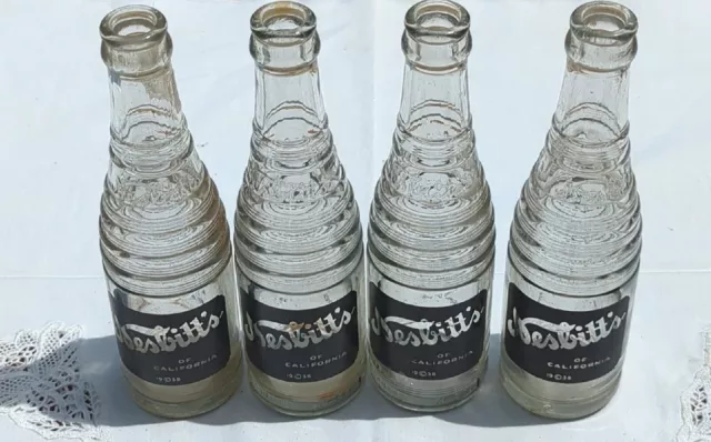 4 Vintage Nesbitts California Orange Drink 1938 glass soda pop bottles