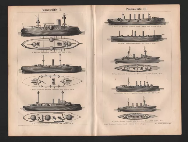 Lithografie 1900: Panzerschiffe I-III. Linienschiff Kaiser Friedrich III.