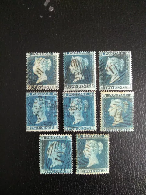 GB 1858-76 QV, 2d Blue Selection, 8 Good sound used stamps.