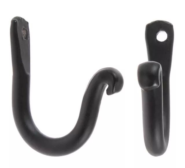 2 Amish forged black wrought iron wall J hooks w/ screws - strong sturdy metal
