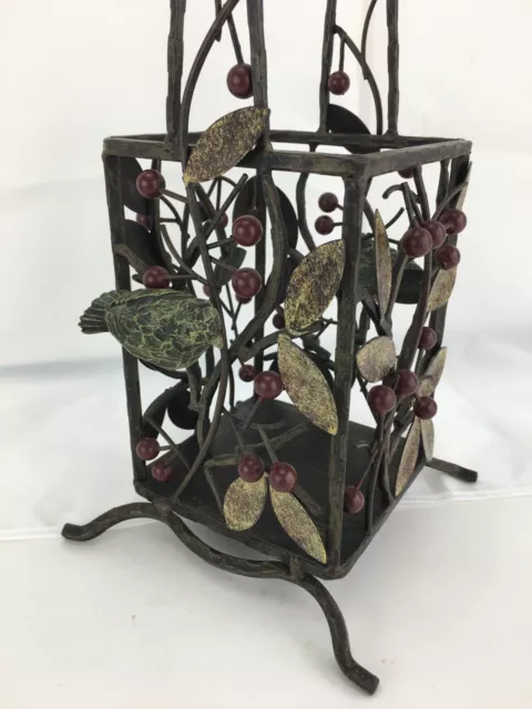 Wrought Iron Decorative Bird Basket Square Embellished Red Berries Tree Branches 3
