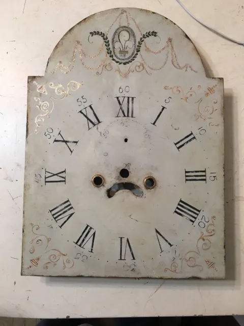 Beautiful Antique Painted Iron Grandfather Clock Dial C. 1800’s Scroll Decor