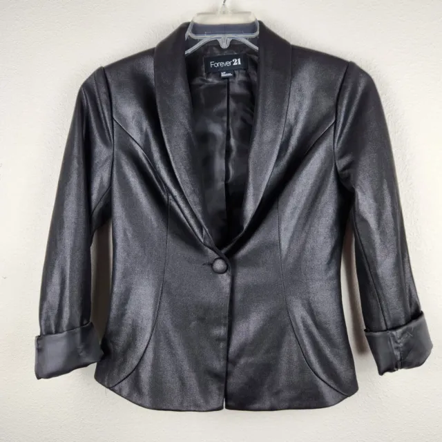 Forever 21 Womens S Black Single Button Front Lined Blazer Tuxedo Jacket *Read*