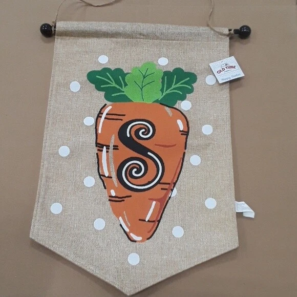 Spring Easter "S" Monogram Carrot Burlap House Flag with Pole NEW