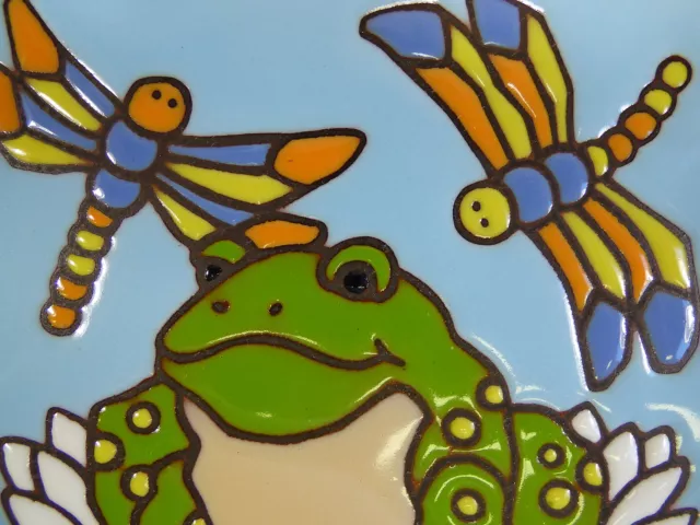Ceramic Art Tile 6"x6" Frog lily pad colorful dragonfly hand painted trivet F52 3