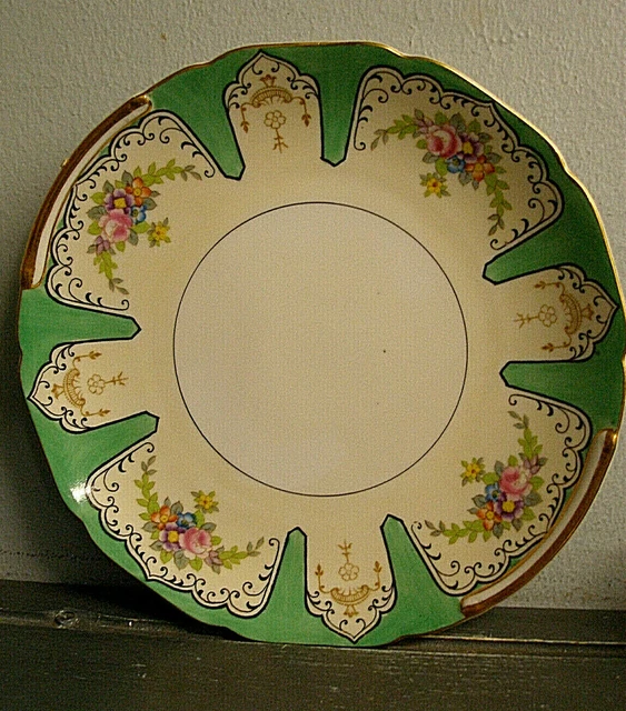 Vintage Morimura Porcelain Japanese Plate Art Deco Nouveau Flowers + Green Japan