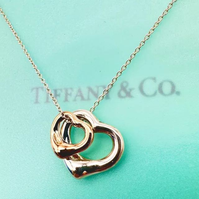 Tiffany & Co. Double Open Heart Pendant Necklace Elsa Peretti Silver Gold Fast/S