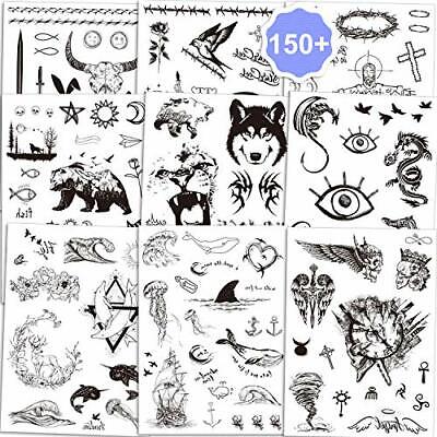 Qpout Tatuaggi temporanei per adulti Donna Uomo Bambini Tatuaggi neri impermeabili Tribal Face Braccio manica Collo Polso Tatuaggi Fiore di totem Farfalla Piuma di squalo 60 fogli 
