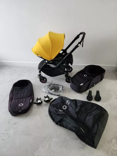 Bugaboo BEE5 All Black & Yellow Pushchair  With Carrycot Pram + Travel Bag