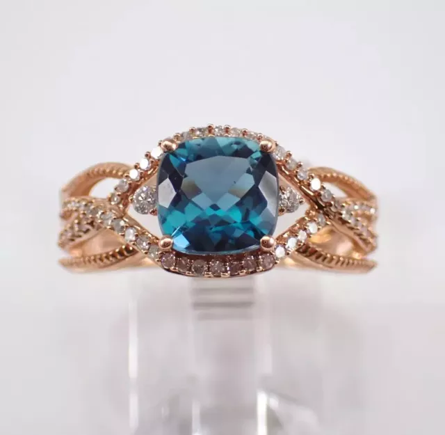 3 CT CUSHION Lab Created London Blue Topaz Art Deco Ring 14K Rose Gold ...